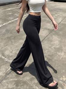 Fashion Slim Fit Flare Leg Pants, High Waist High Elastic Lace Waist Design, Soft Polyester Long Pants, Suitable For Commuting, Fitness, And Casual Wear - Black - View 4