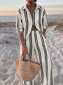 SEREN Fashion Women's Striped Casual Set, Lapel Button-Up Top With Loose Wide-Leg Pants 2 Pieces Set, Suitable For Daily Wear And Lounging - Apricot - View 5