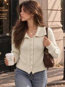 Women Elegant Apricot Knit Cardigan,Polo Neck Pearl Button Front Long Sleeve Sweater,Textured Ribbed Fall Winter Vintage Layering Top,Going Out Outfit - Apricot - View 1
