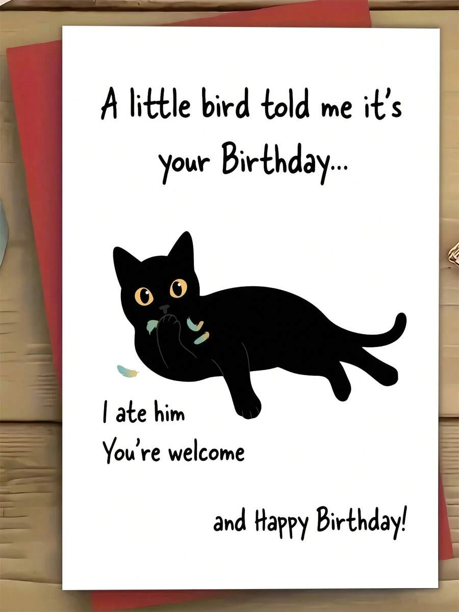 1pc Funny Birthday Card For Cat Lover, Friend, Coworker – Black Cat Cartoon Illustration, Birthday Humor, Thickened, With Envelope - A - View 1