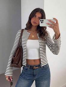 Women's Striped Long Sleeve T-Shirt, Fashion Slim Fit Cardigan, Versatile Top - Navy Blue - View 4