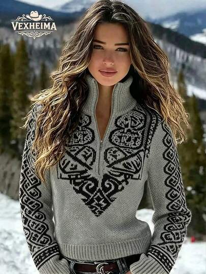 VEXHEIMA Western Fashion Elegant Zipper High Neck Long Sleeve Casual Women's Pullover