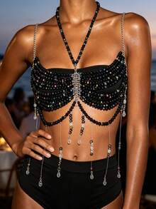 ZHENGHEN Sparkly Iridescent Black Crystal Body Chain,Halter Neck Fringe Vest,Bikini Layering Body Accessory For Rave Festival - Black - View 4