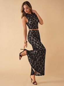 Women's Elegant Sexy Lace 2 Pieces Set - Sleeveless Stand Collar Backless Top & Flared Mermaid Skirt, Suitable For Outings, Holidays - Black - View 3