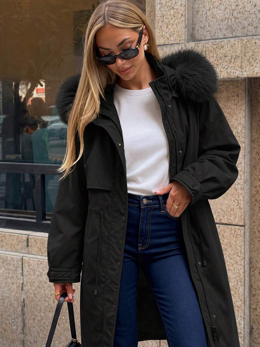 Risissida Women's Autumn/Winter Detachable Fur Collar Padded Coat, Zipper/Button Closure, With Pockets - Black - View 1