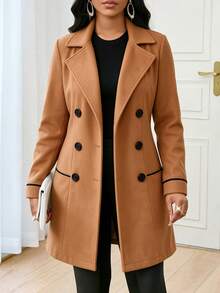 Women's Plus Size Lapel Double-Breasted Long Sleeve Long Coat, Perfect Choice For Autumn/Winter - Khaki - View 2