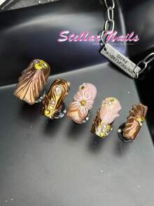 10pcs Handmade Full Coverage Medium Square Press-On Nails, Ginger Color Fake Nails, Silver Cat Eye Design, Hand-Carved, Removable Fingertip Stickers, Includes Jelly Glue And Nail File, Suitable For Dates, Weddings, Girls' Night, Y2K Style Manicure - Ginger - View 6