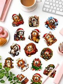 50Pcs Christmas Funny Cat Stickers, Cute Xmas Kitty With Santa Hat Decals For Journaling Scrapbooking, Cartoon Holiday Kitten Stickers For DIY Crafts Gift Packaging - Multicolor - View 1