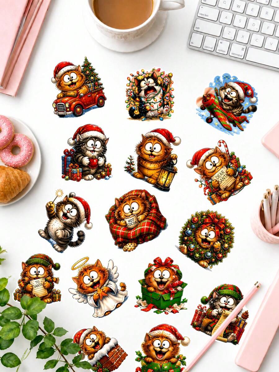 50Pcs Christmas Funny Cat Stickers, Cute Xmas Kitty With Santa Hat Decals For Journaling Scrapbooking, Cartoon Holiday Kitten Stickers For DIY Crafts Gift Packaging - Multicolor - View 1