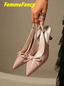 Women's Spring/Autumn Sexy Pointed Toe Stiletto/Kitten Heel Sandals, Butterfly Decor Strap With Back Pull Loop High Heels, Suitable For Commuting, Nightclub, Party - Baby Pink - View 2