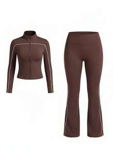 Casual Sport Contrast Zip Gym Clothes Women Two Pieces Set,Stand Neck Long Sleeve Skinny Fall Outfit Jacket,High Waist Fit Workout Active Flare Pants - Brown - View 3