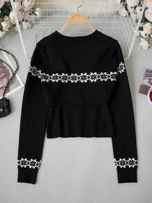 Korean Style Autumn/Winter New Fair Isle Snowflake Short Knit Cardigan + Slim Fit Camisole Tank Top Women 2 Pieces Set - Black - View 9