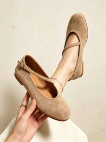 Suede Texture Asymmetrical Diagonal Edge Minimalist Mary Jane Round Toe Vegan Suede Flat Shoes Preppy College Basic Style Buckle Metal Eyelets Home Office - Mustard Yellow - View 6