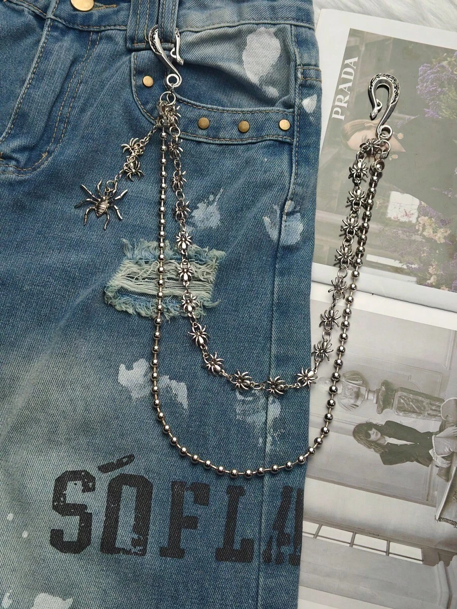 Vintage Silver Double Layer Beaded Pants Chain With Spider Charms, Dark Aesthetic Jean Wallet Chain, Unisex Streetwear Accessory