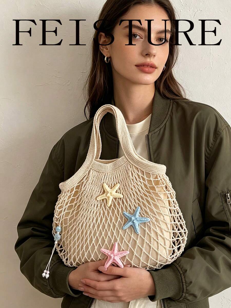 Summer Starfish & Shell Decor Mesh Small Style Handbag Casual Beige Beach Mesh Bag Shopping Vacation Bag