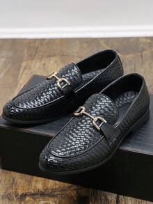 Men's Loafers Slip-On Slouchy Woven Fashion Casual Shoes Versatile - Black - View 2