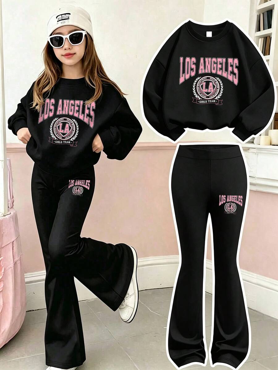 2pcs/Set Girls American Casual Printed Sports Outfit, Soft & Comfortable, Suitable For Spring/Autumn Daily School Wear - Black - View 1
