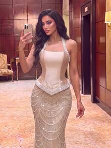 Elegant Women's Halter Neck Long Satin Evening Gown, Embellished With Sequins And Pearls, Romantic Flared Hem Formal Dress, Suitable For Weddings, Galas, Events - Champagne - View 3
