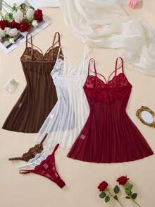 3 Sets 6pcs Women's Black Lace Floral Pajama Set, Semi-See-Through Comfortable Sheer Dress - Multicolor - View 2