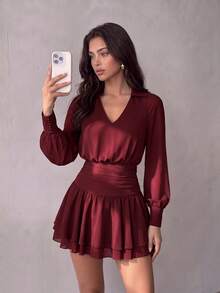 Elegant V-Neck Backless Loose Chiffon Mini Dress, Suitable For Date Night, Summer Vacation, Autumn Outings, Holidays And Countryside Activities - Burgundy - View 6