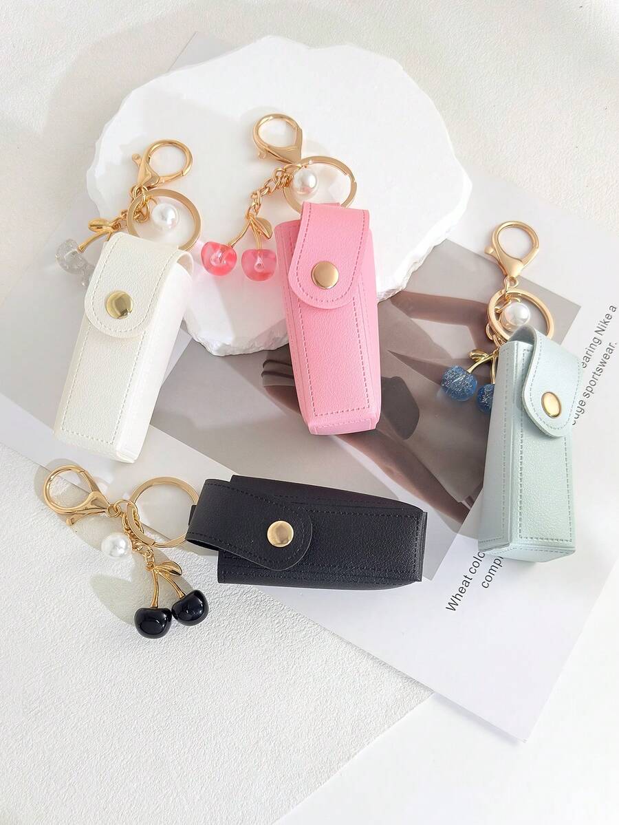PU Leather Lipstick Holder Keychain, Portable Lip Balm Case With Cherry Charm, Lipstick Pouch Bag Pendant, Women Cute Makeup Storage Key Ring Gift - Multicolor - View 1