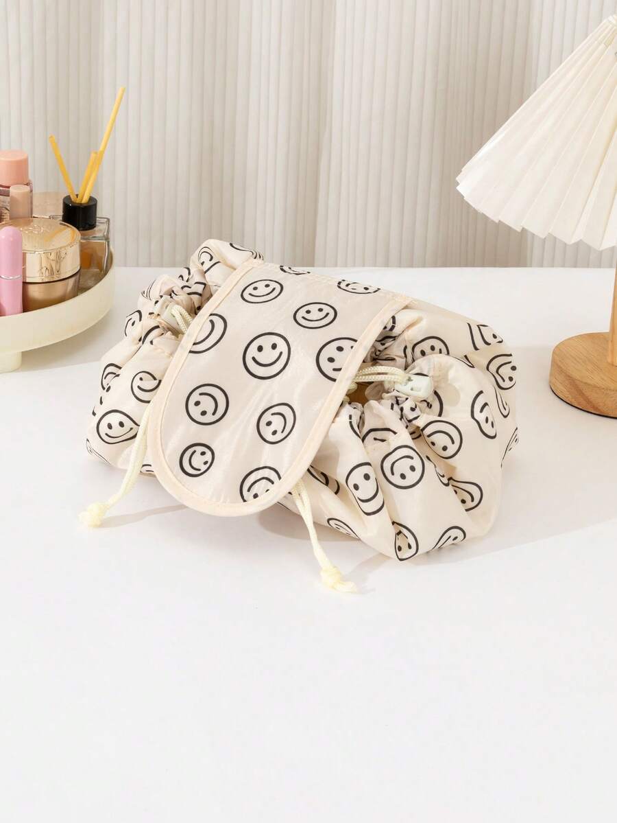 1pc Large Capacity Slouchy Drawstring Makeup Storage Bag, Lipstick Glasses Smiling Face Pattern Printed Polyester Fabric, 1-Second Quick Fold, Portable Travel Vacation Business Trip Organizer, Fits In Suitcase, Suitable For Women, All Seasons, Home Storage - Multicolor - View 1