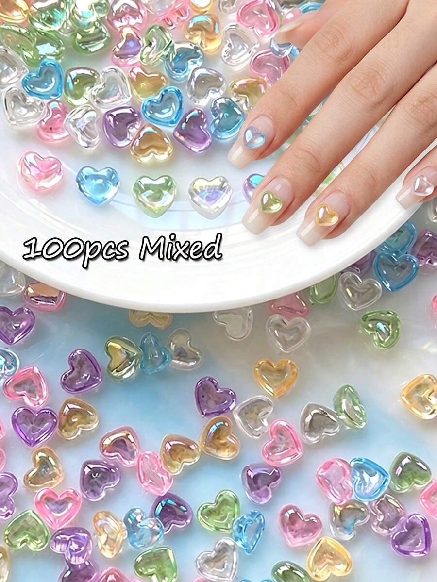 100Pcs Mixed Hollow Heart Nail Charms Transparent Jelly 3D Heart Resin Nail Rhinestones DIY Manicure Nail Art Decorations Accessories Random Color