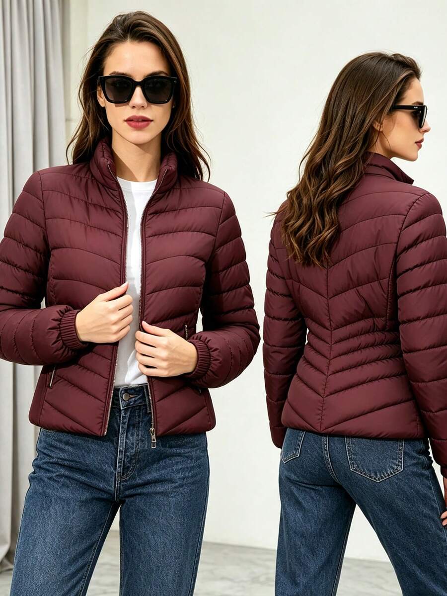 Chaqueta acolchada de corte favorecedor, prenda básica versátil que combina con todo, perfecta para looks diarios y de entretiempo - Burdeos - Ver 1
