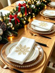 1 st 100 % polyester linneservett med broderad julsnöflinga, vit middagsservett för julhelgsparty och bordsdekoration - Guld - Visa 7
