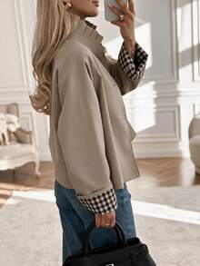 Autumn/Winter Plaid Ruffle Gathered Single-Breasted Stand Collar Rolled Sleeve Long Sleeve Loose Short Trench Coat, Daily Commute Khaki Jacket - Khaki - View 8
