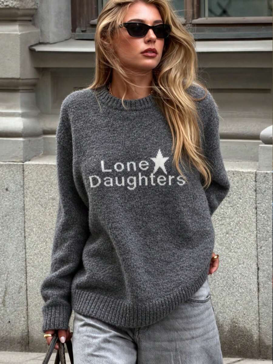 Women's New Autumn/Winter Knit Crew Neck Pullover Sweater With "Lone Daughters" Letter Pattern, Casual Commute College Style Knit Sweater - Grey - View 1
