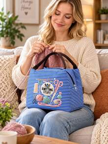 Handbag With Yarn, Scissors And Knitting Needles Print, Suitable For Storing Sewing Tools, Cosmetics And Small Personal Items. Multiple Fresh Striped Color Options, Suitable For Handmade Enthusiasts And Commuters, Artistic Handmade Healing Style, Perfect As A Practical Creative Gift For Girls Who Love Knitting And Sewing - Multicolor - View 7