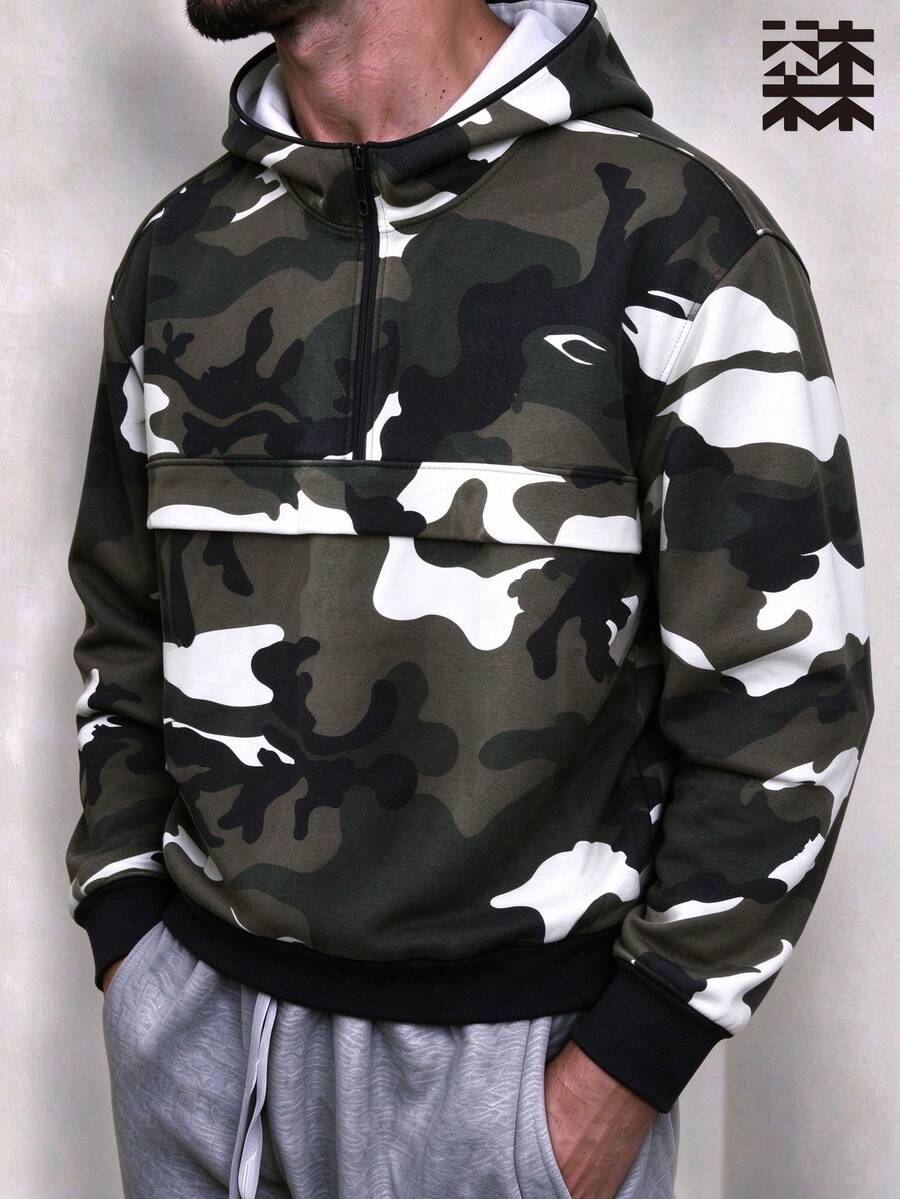 mulinsen 男士半拉鍊連帽迷彩拼接口袋運動衫,休閒寬鬆套頭衫 - 軍綠色 - 查看 1