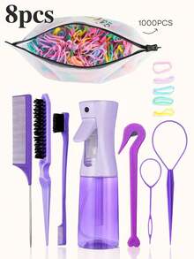 1/3/5/7/8/9pcs Hair Styling Set, 200ml Spray Bottle, Rat Tail Comb And Edge Comb, Colorful Hair Ties, Braiding Tools And Elastic Hair Trimmer - Purple - View 16