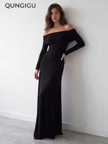 QUNGIGU Women Off Shoulder Maxi Dress Ruched Elegant Apparel For Wedding Guest Evening Banquet Going Out - Black - View 3
