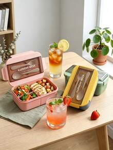 1pc Pink Lunch Box With Utensils, Bento Box With Spoon And Fork, Microwave , Insulated Lunch Bag, 3-Compartment Food Storage Container Set, Suitable For Christmas Gift, Student Back To School, Birthday Gift, Wedding, Holiday Party Favor - View 3