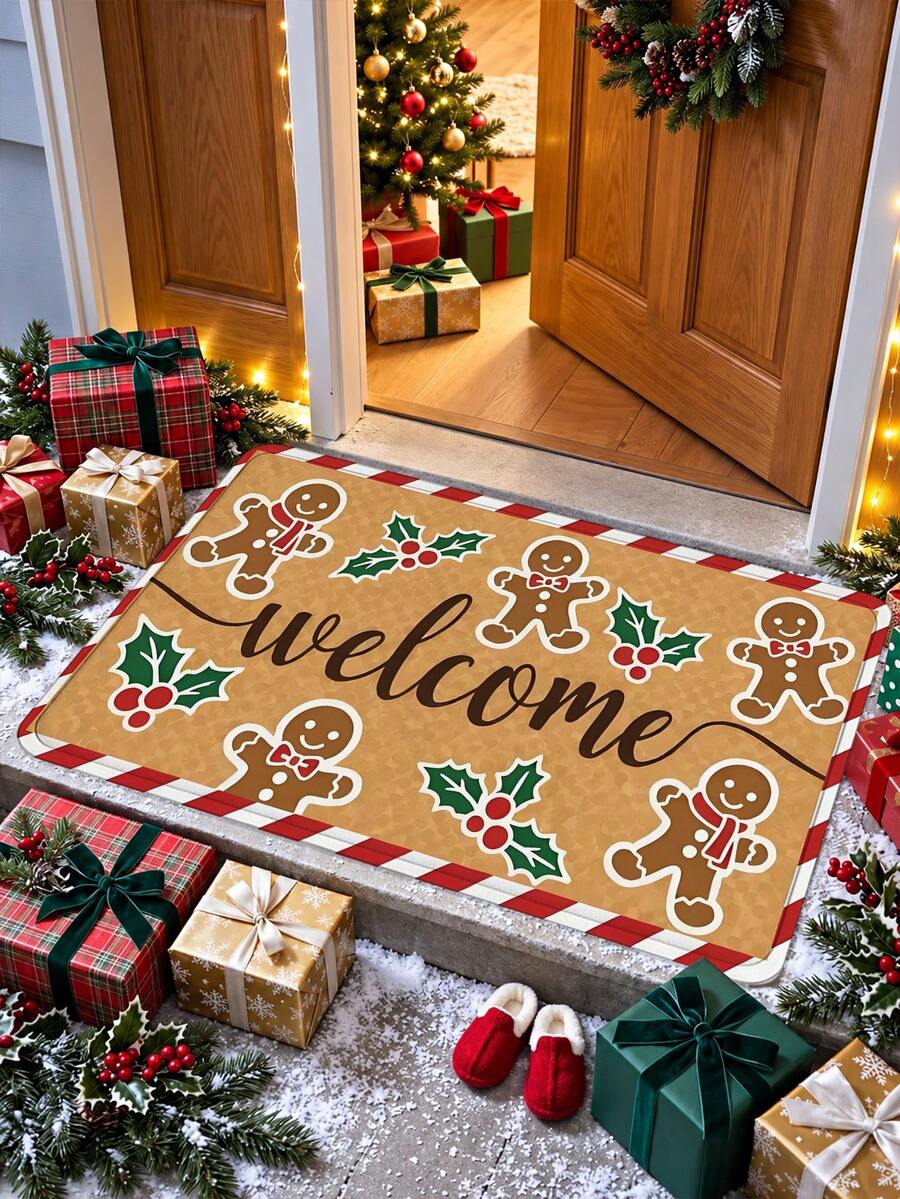 1pc Decorative Gingerbread Door Mat, Gingerbread Welcome Mat Christmas Door Mat, Gingerbread Outdoor Mat, Christmas Door Mat, Non-Slip Holiday Carpet