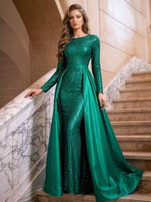 Romagic Boat Neck Geometric Pattern Conservative Party Dress For Mature Women With Back Tie Detachable Skirt Formal Evening Party Autumn Fall Winter - Green - View 1