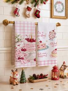 MEMNUN 2pcs Pink & White Plaid Cherry Cake Afternoon Tea Pattern Printed Kitchen Towels, Soft Polyester Material Dish Cloths, Suitable For Kitchen Decor, Kitchen Cleaning, Holiday Party Decoration, Kitchen & Bathroom Supplies Home Essentials, Home Decor, Housewarming Gift - Multicolor - View 4