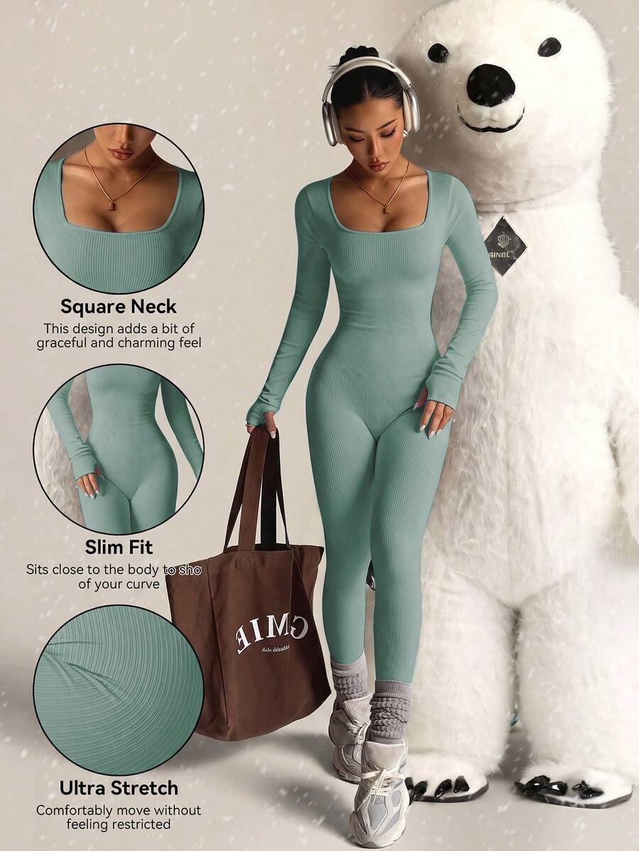 Women's Solid Color Ribbed Seamless Inner Shirt, Long Sleeve, Tummy Control Butt Lift Slim Fit, Autumn Multi-Functional Daily Casual Fitness Skiing Base Layer