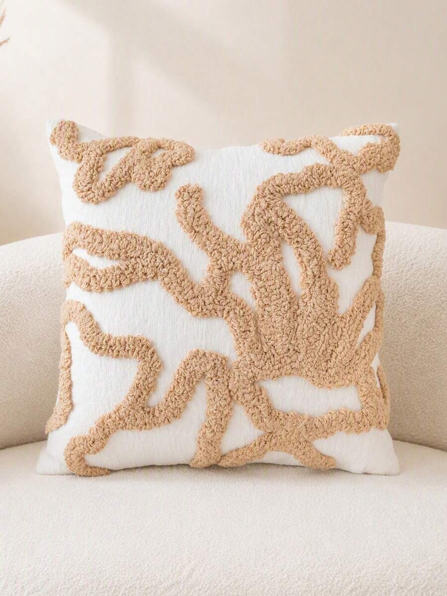 1pc/2pcs Boho Tufted Throw Pillow Cover, Cream Chenille Embroidered Cushion Case, Abstract Geometric Line Pillowcase For Couch Sofa Bed, All Season Neutral Home Decor - Camel - View 1