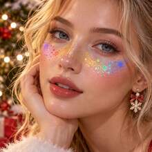 Christmas Freckle Temporary Face Tattoo Stickers-6pcs, Colorful Snowflake Star Gift Box Facial Decor Stickers, Waterproof Self-Adhesive Fake Freckle Tattoos, Festive Body Makeup Decals For Christmas Party, Holiday Cosplay, Rave Music Festival - Multicolor - View 9