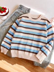 1pc Teen Girls Cream Blue & Brown Horizontal Striped Round Neck Knitted Sweater, Vintage Casual Spring/Autumn Elastic Inner Layer Top - Blue - View 2