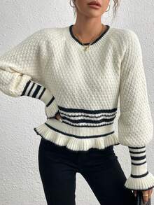Autumn/Winter New Casual Textured Patchwork Striped Ruffle Trim Plus Size Raglan Sleeve Flared Cuff Knit Top - Apricot - View 6
