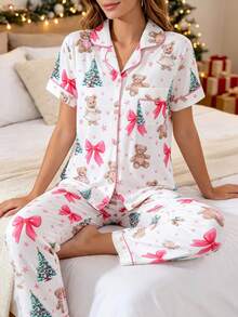 2pcs/Set Christmas Women's Pajama Set, Santa Claus Christmas Tree Cartoon Bear Print Pattern, 2-Piece Women's Short Sleeve Pajama Set, Lapel Short Sleeve Cardigan And Long Pants Set, Suitable For All Seasons, Home Wear, Comfortable And Loose - White - View 2