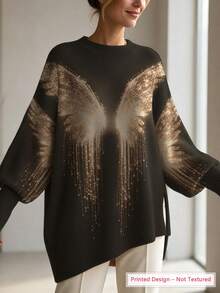 Plus-Size Women's Angel Wing Print Loose Sweater, Irregular Slanted Hem Design, Lantern Sleeves, Perfect For Autumn And Winter. - Multicolor - View 5