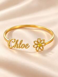 [ZzAi Custom]Personalized Sunflower Birthstone Bracelet, Customizable Birthstone Color And Name, Open Cuff Bracelet, Stainless Steel Material, Never Fade, Comes With Gift Box, Perfect As Daily Gift - Sunflower - View 4
