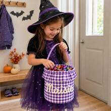 TONGFANTECH Halloween Plaid Handheld Storage Basket, Children's Trick Or Treat Candy Bucket, Holiday Decoration Fabric Storage Bin With Customizable Name - Multicolor - View 4