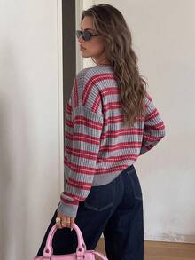 Aflion Women's Fall Winter Grey Red Striped Cropped Knit Sweater, Crew Neck Drop Shoulder Long Sleeve With Pocket, Ribbed Loose Casual Top For Daily Wear - Multicolor - View 2