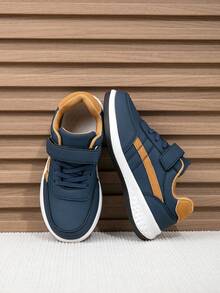 Boys' Colorblock Striped Casual Sneakers, Hook And Loop Easy On/Off Children's Sports Shoes, PU Upper Anti-Slip Low-Top Student Shoes - Blue - View 4